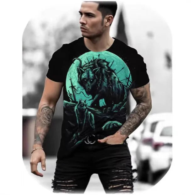 Men's grey short-sleeved T-shirt with a retro-style 3D digital print of a wild animal on the front.