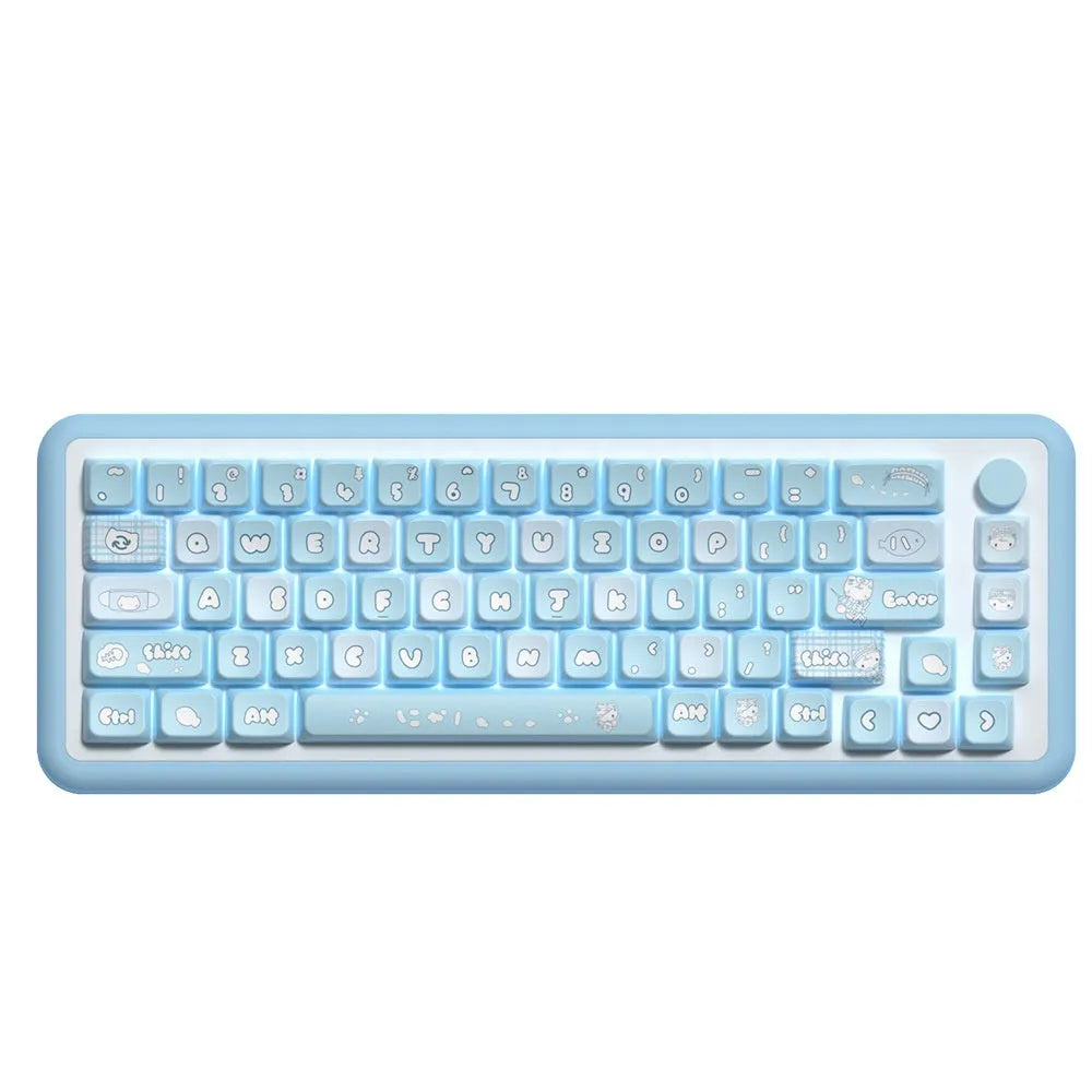 Watercolour kitten design custom PTB keycap set for mechanical keyboards, showing 138-key and 158-key options.