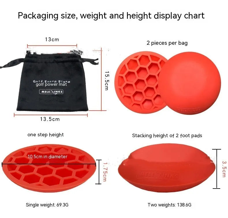 Orange natural rubber golf training mat with centre of gravity trainer for swing practice