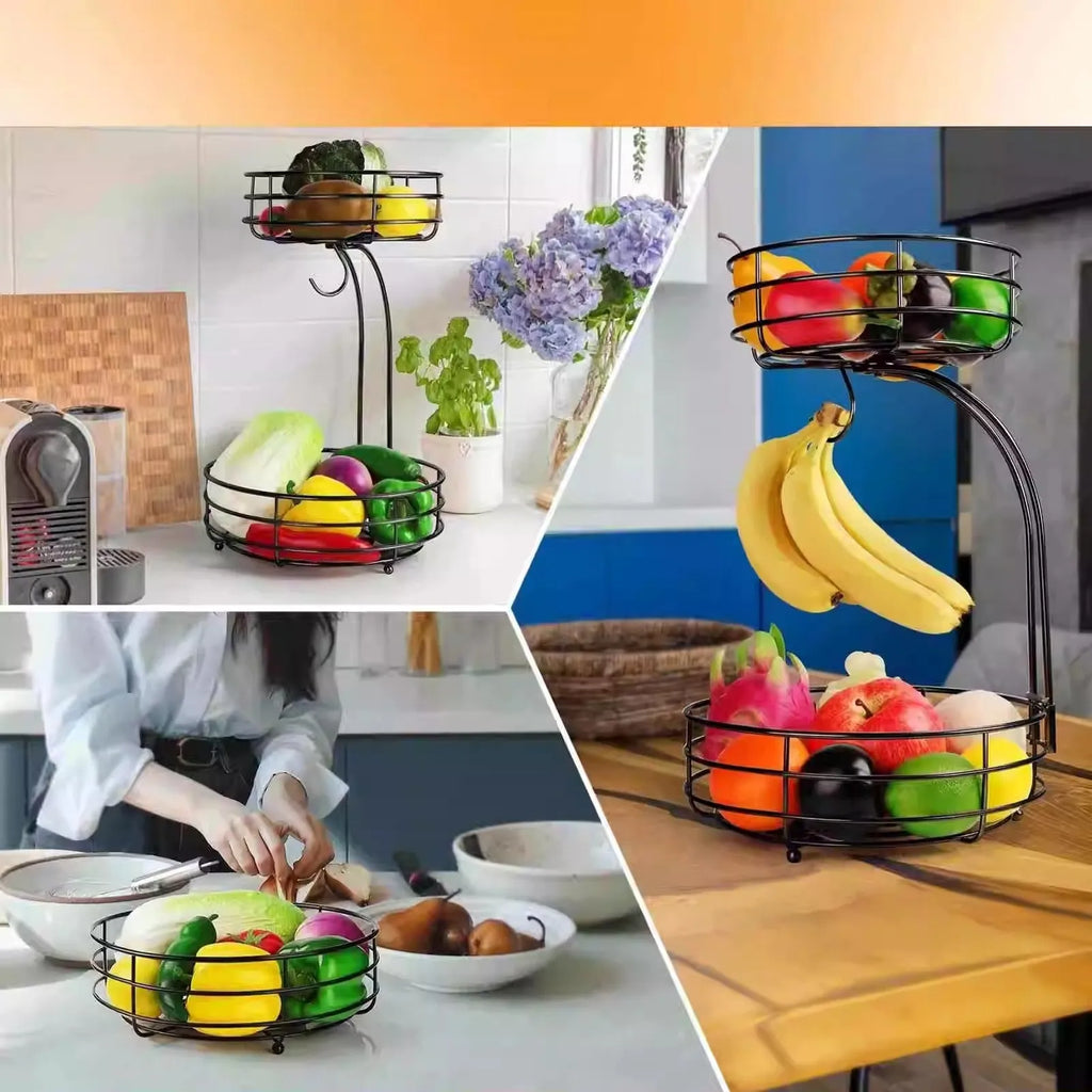 Double-layer black wrought iron fruit basket with two storage tiers for fruits and vegetables