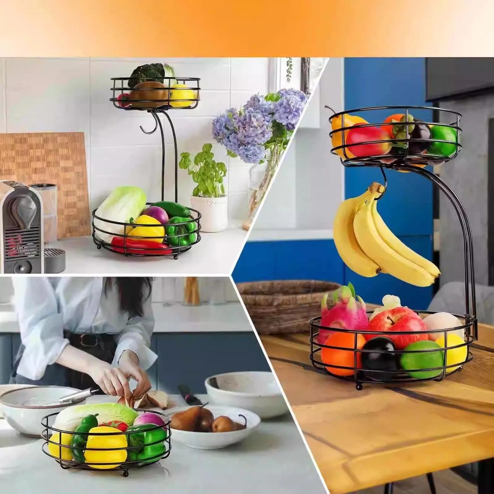 Double-layer black wrought iron fruit basket with two storage tiers for fruits and vegetables