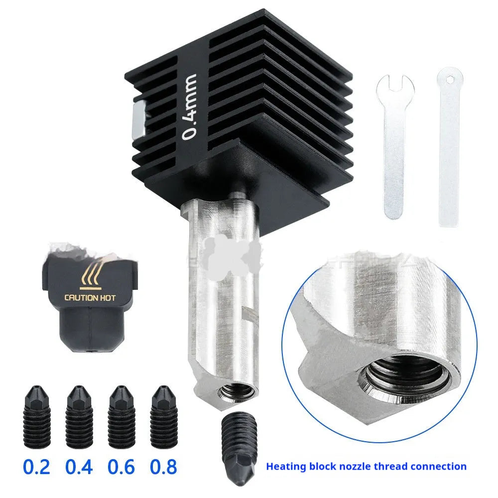 Bambu Lab A1 Mini hardened steel hot end assembly with four nozzle sizes and black silicone sleeve