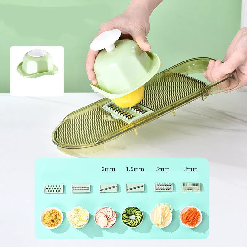 Transparent green single board vegetable chopper with stainless steel blades and drain basket