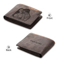 Coffee coloured PU leather engraved wallet showing personalisation panel, closed dimensions 120mm by 99mm.
