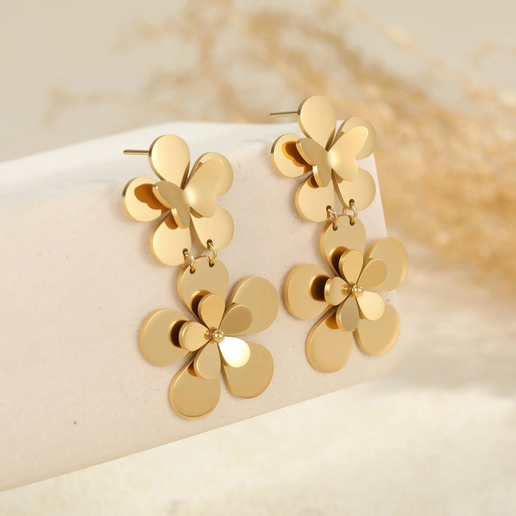 Gold flower butterfly stainless steel earrings with geometric design and 18K electroplated finish