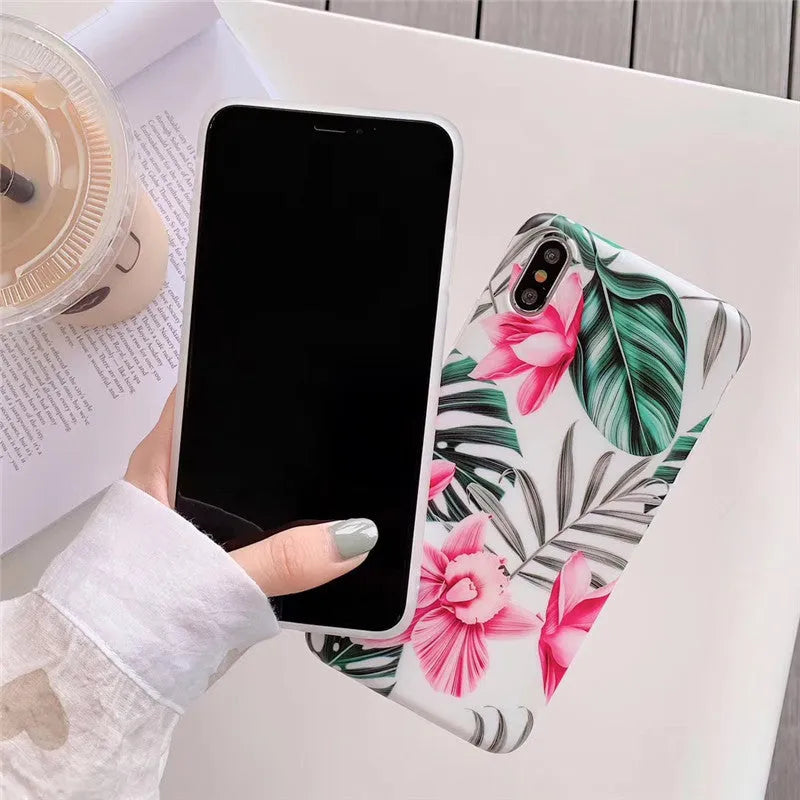 Pink floral TPU phone case back cover for iPhone, simple design, slim fit