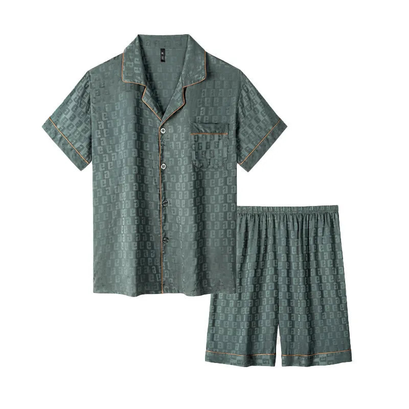 Men's lightweight ice silk pajama set in jacquard pattern with shorts length and cardigan style