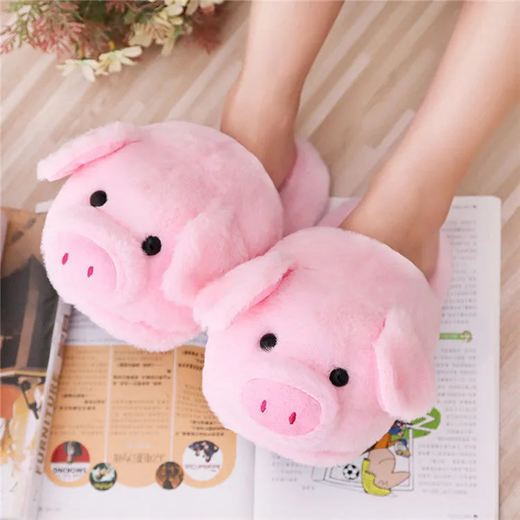 Pink pig-shaped floor slippers with short plush material and PP cotton filling on size chart