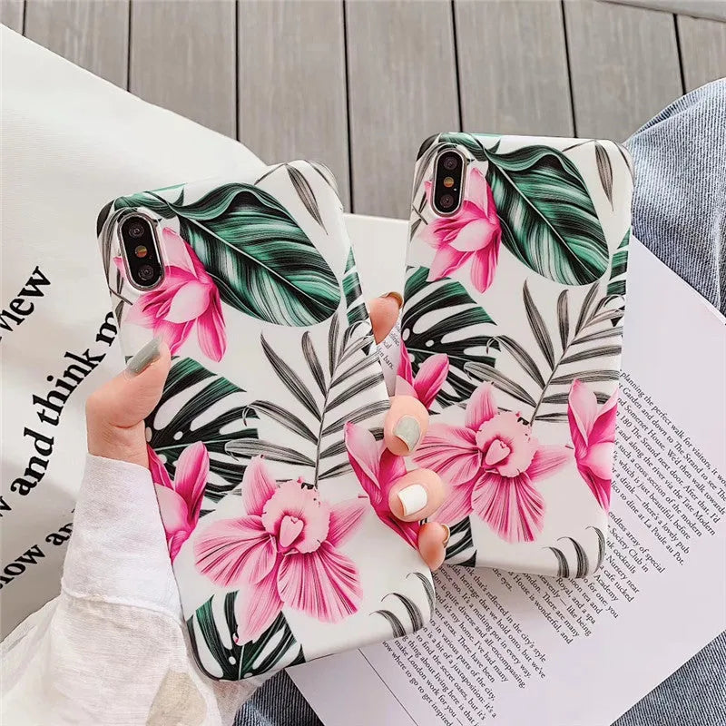 Pink floral TPU phone case back cover for iPhone, simple design, slim fit