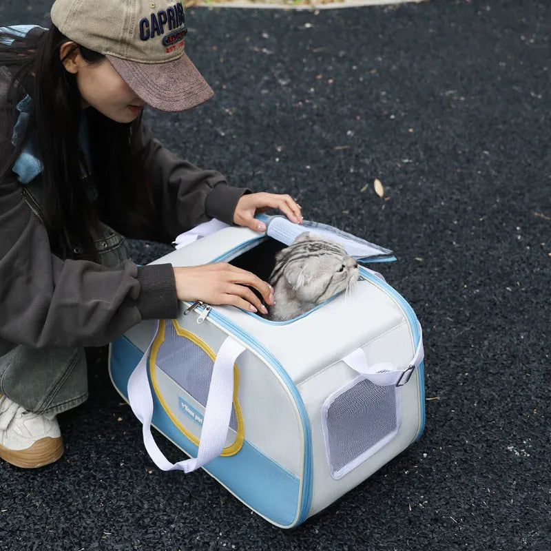 Blue foldable outdoor cat school backpack made of Oxford cloth for pet transport