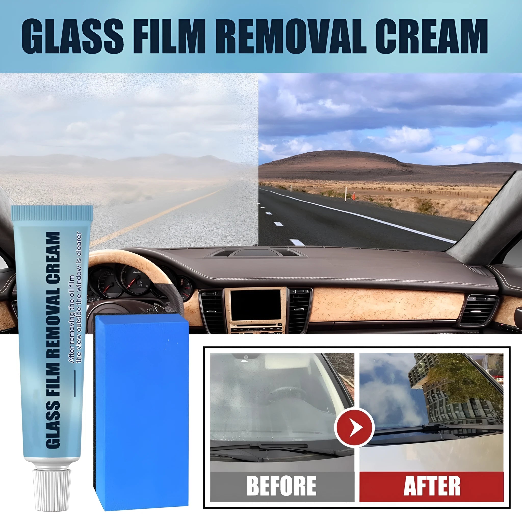 Blue automotive glass oil film remover with soft sponge for car window decontamination