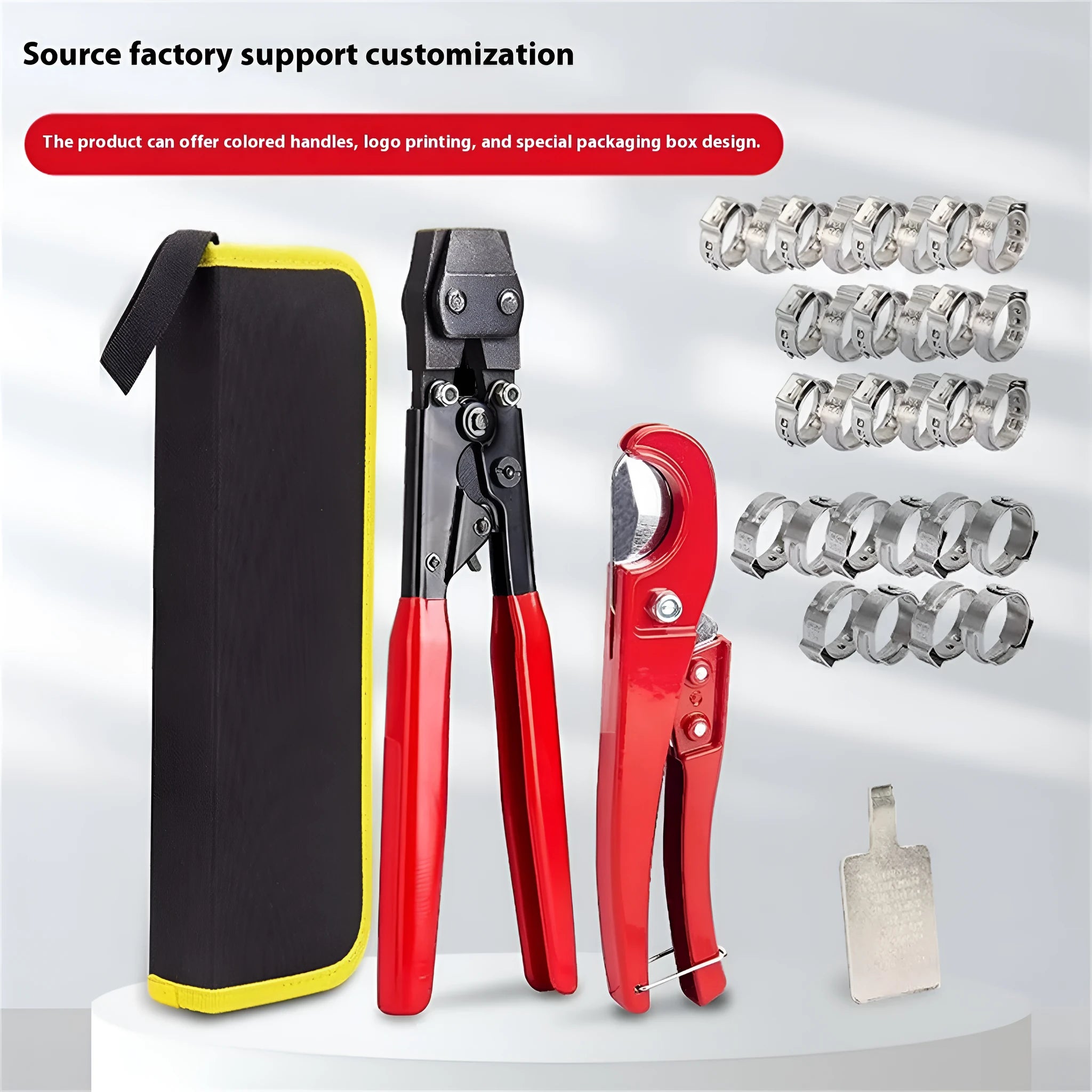 Single ear metal clamp with carbon steel cutting edge and red cloth handle for PEX pipe applications