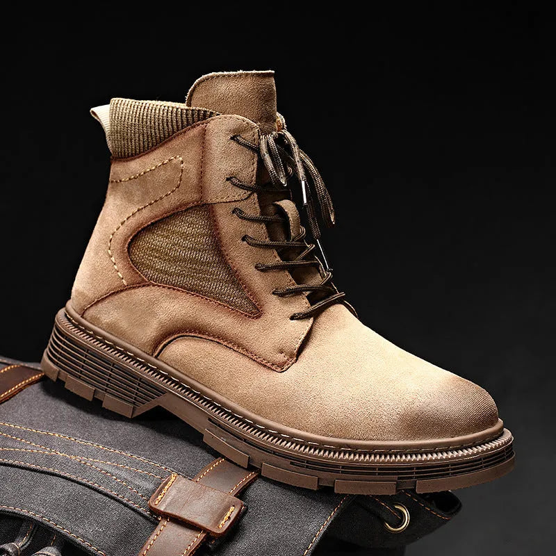 Men's vintage frosted microfibre leather Martin boots with a low thick heel and round toe.