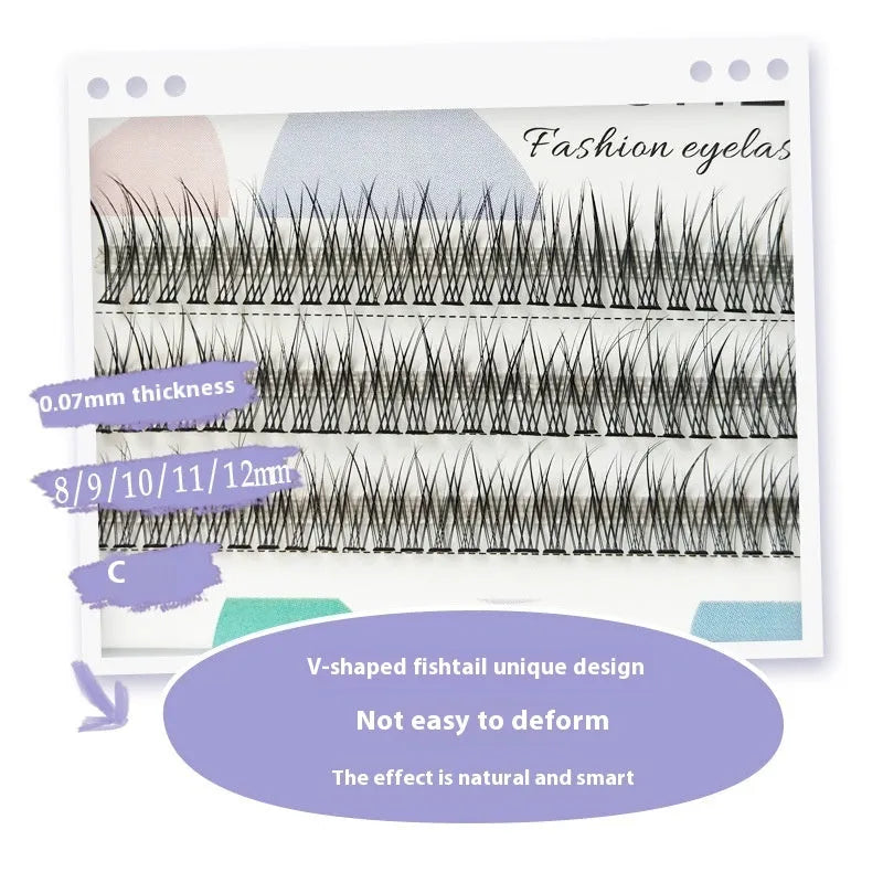 Black V-shaped fairy fishtail false eyelashes showing graduated volume pattern and thick 10mm segment construction