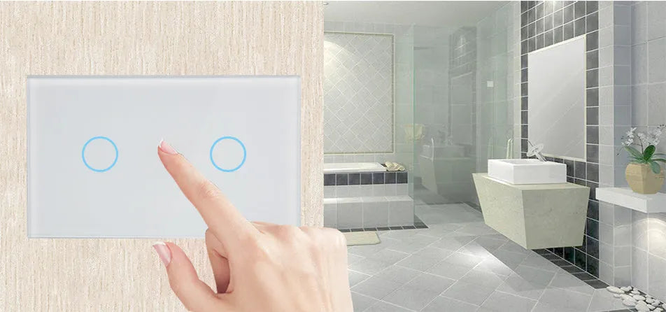 2-gang RF remote control wall touch switch with tempered glass panel in white finish