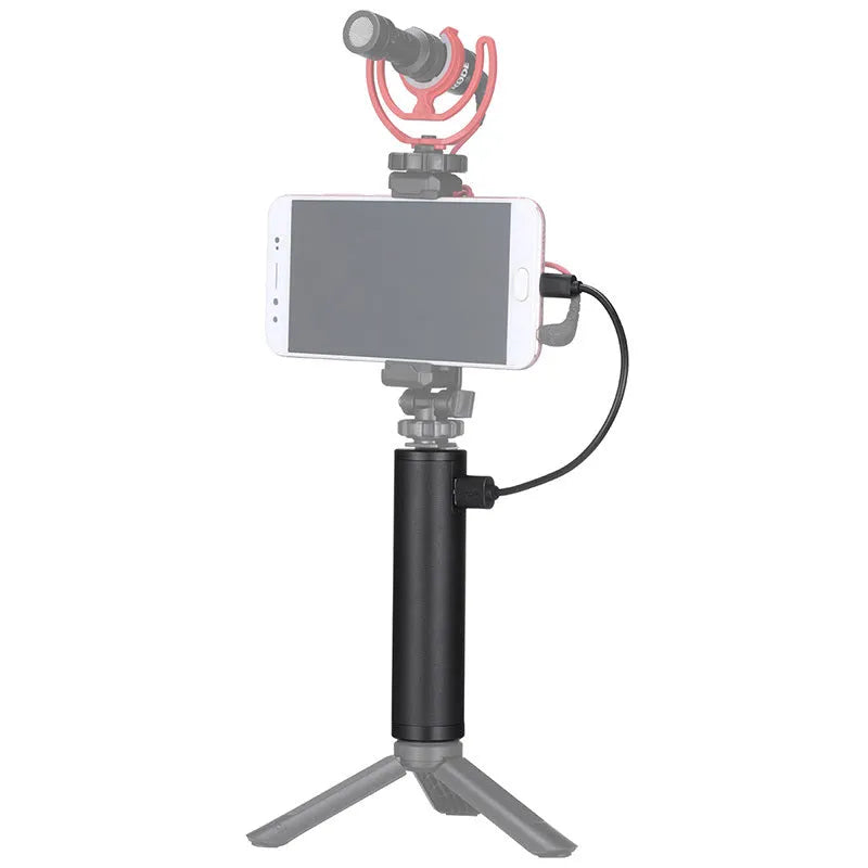 Black aluminium alloy portable power bank with a carrying handle, showing front and side views.