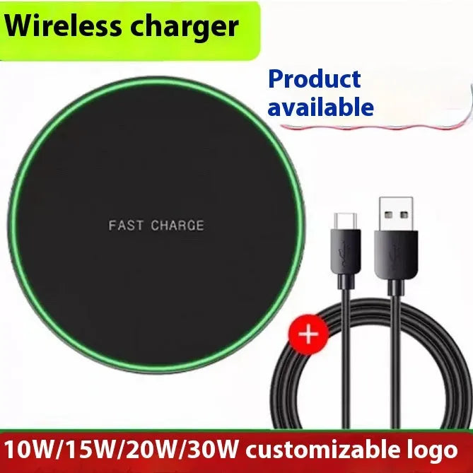 Black frosted 15W wireless charger for mobile phones with Type-C cable on a desk