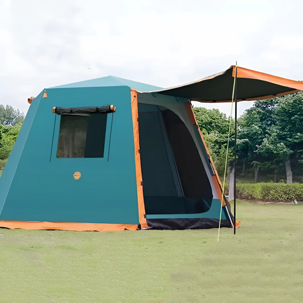 Outdoor fully automatic camping tent in green with all-aluminium frame and snow skirt