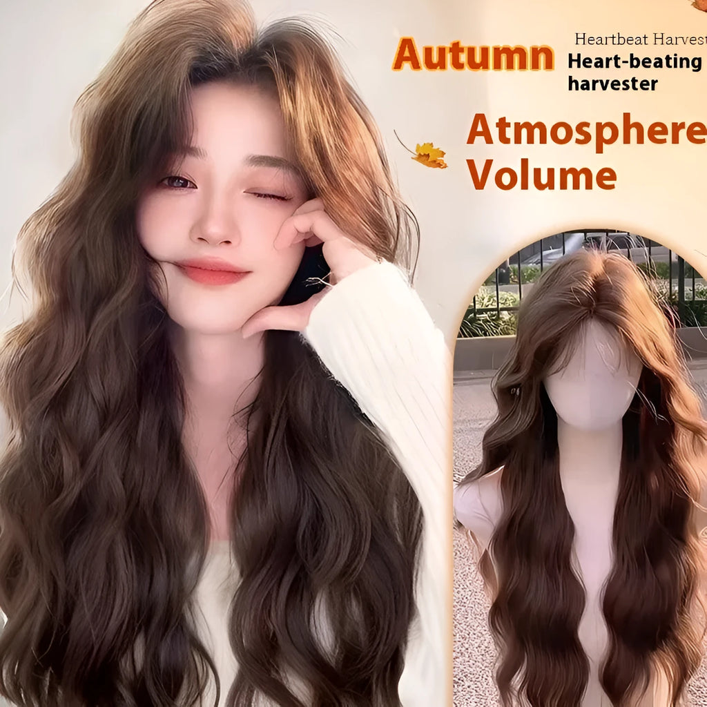 Female full-head wig with natural long curly hair and side bangs in Brown Black high temperature fibre style