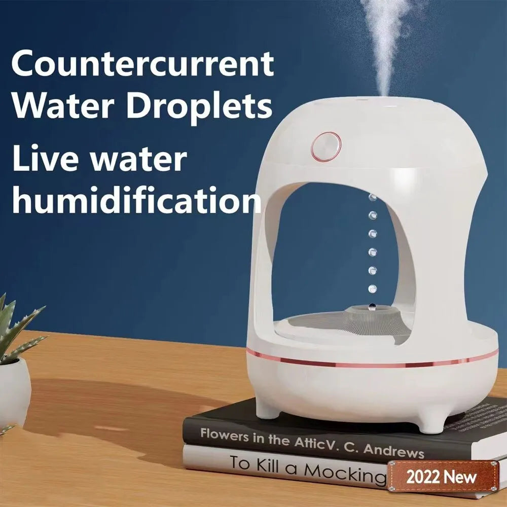 Anti gravity levitating water drops ultrasonic humidifier with LED night light in rose gold and white colour on a desk