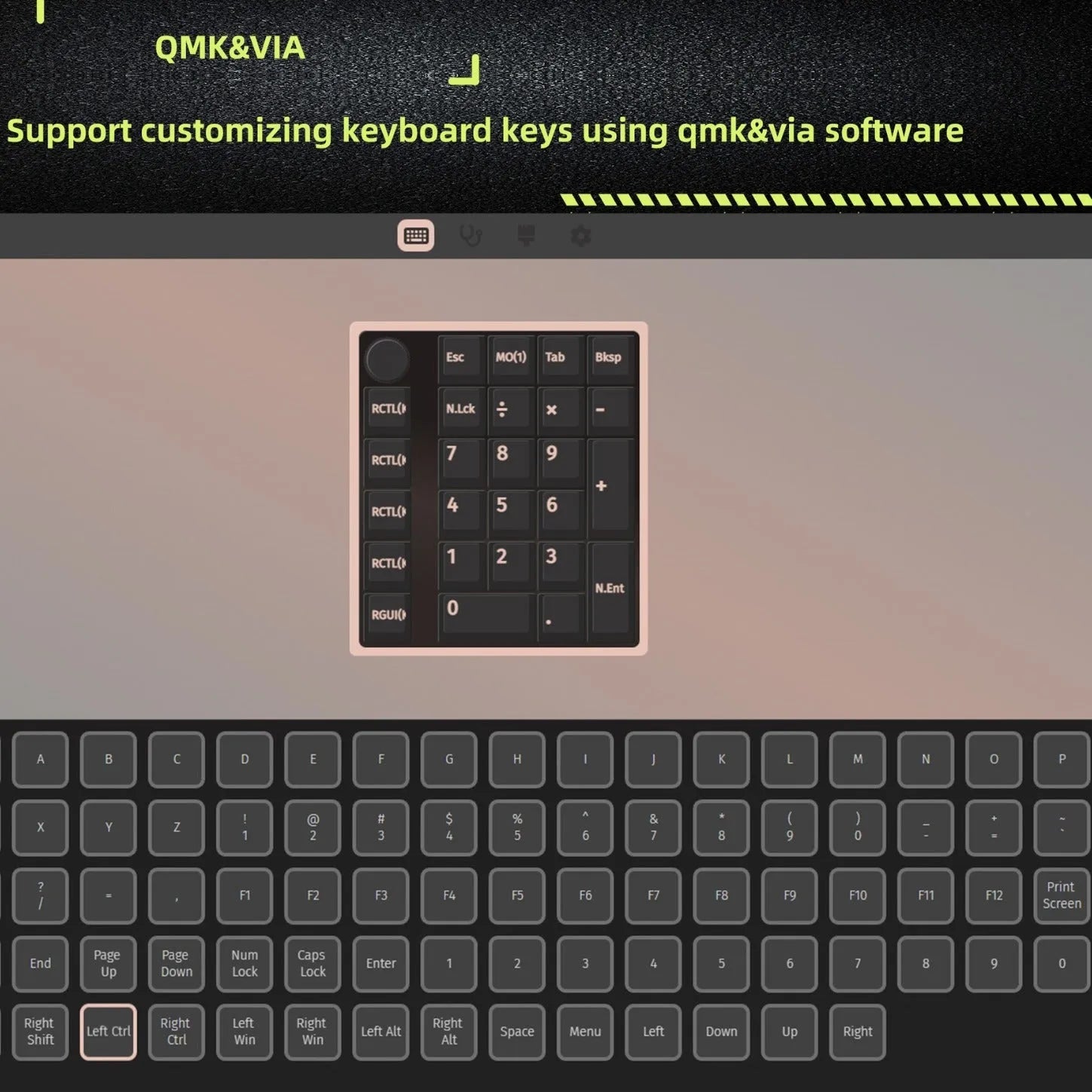 Black and white wireless Bluetooth mechanical numeric keyboard on a desk.