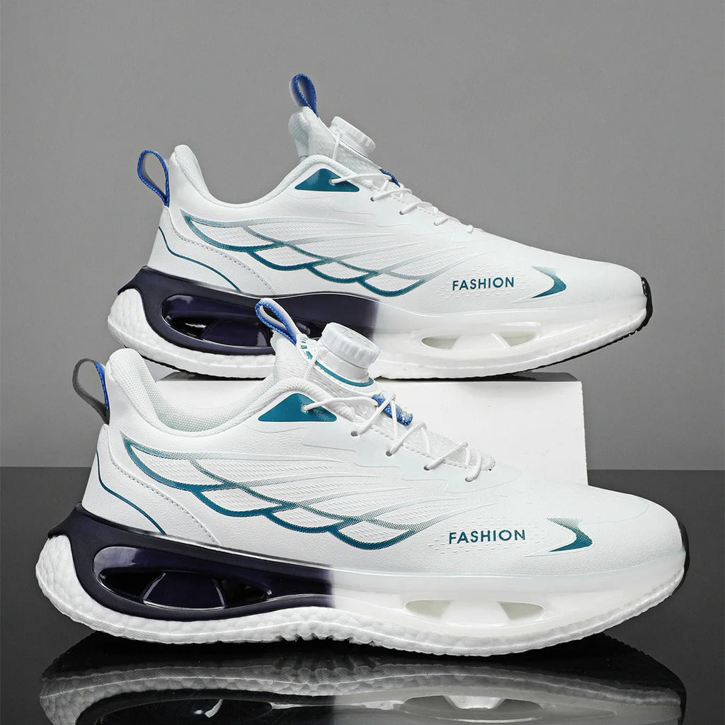Youth low-top sneaker with shock absorption and rotating button in black, light blue, or white and blue colours