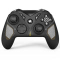 Black wireless Nintendo Switch game controller with leather-texture grips on a grey background.