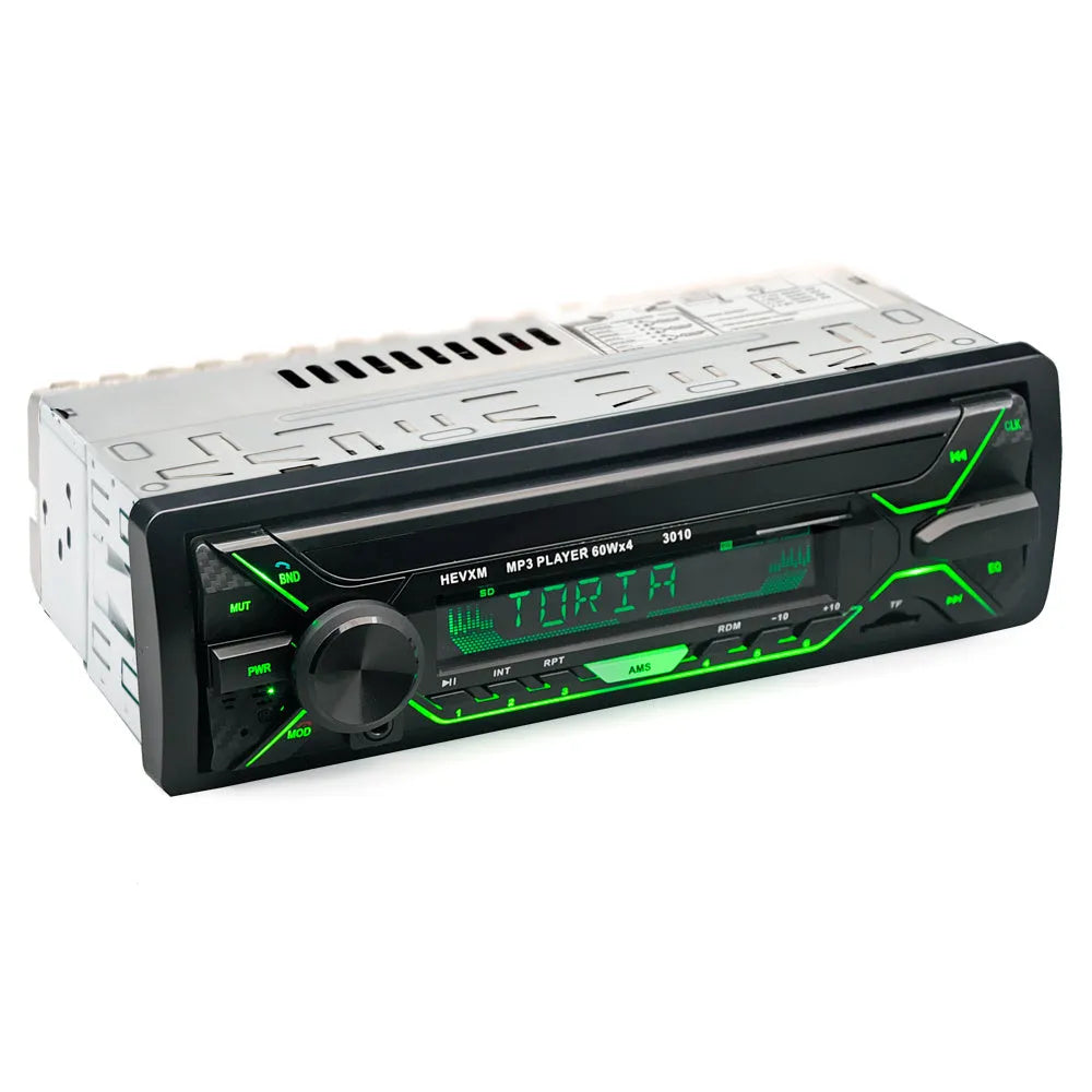 Car radio MP3 player with Bluetooth, LCD display, rotary volume knob, USB and TF card slots.