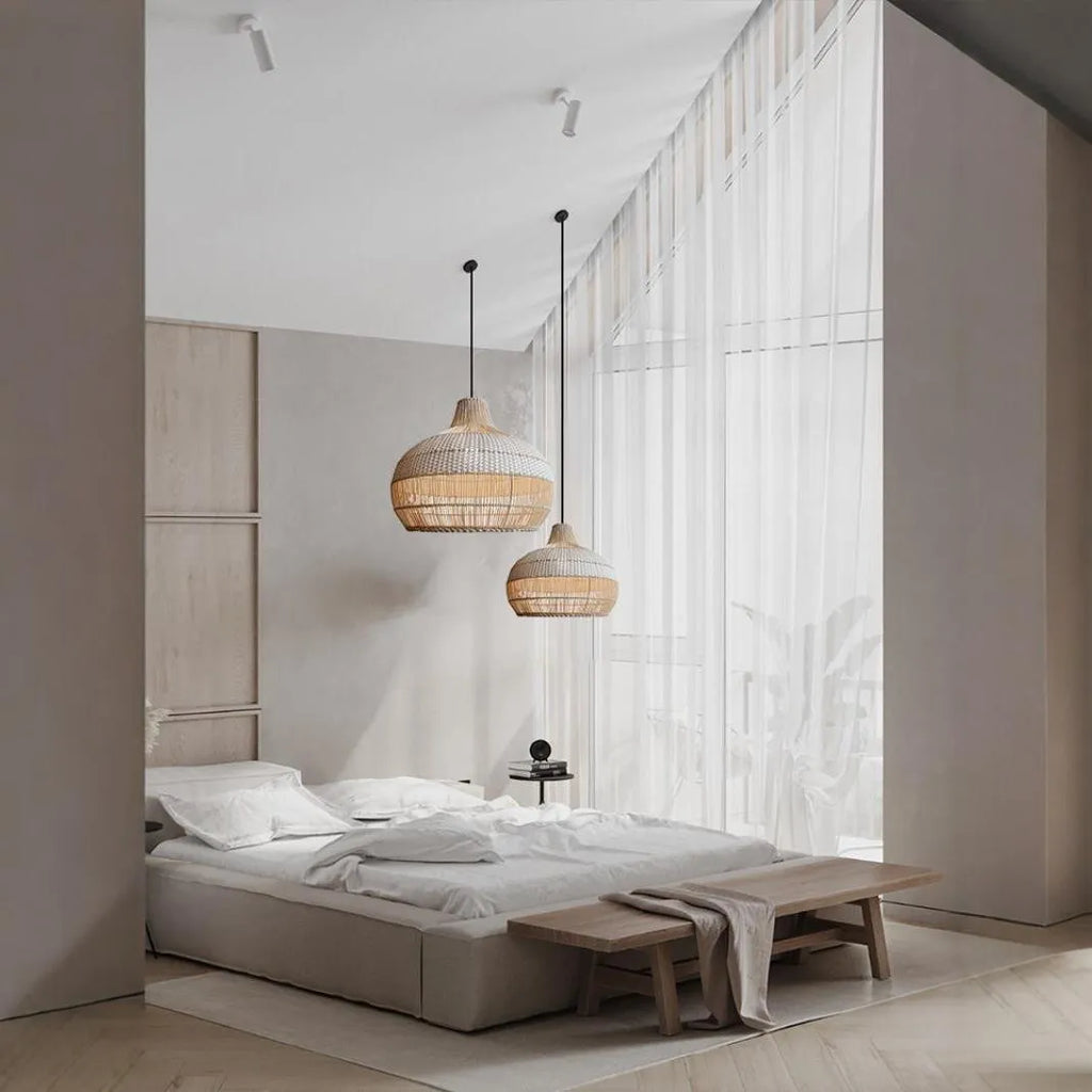 Rattan woven chandelier with 60cm diameter in a pastoral Southeast Asian style.