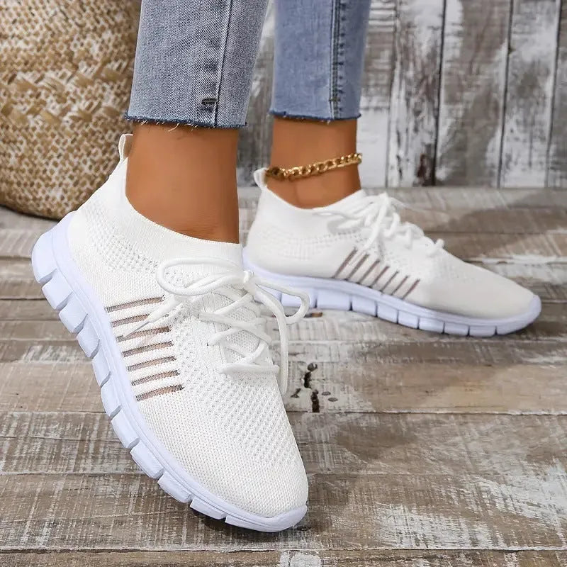 Women's casual breathable knit sports flat shoes with mesh upper and round toe in beige colour