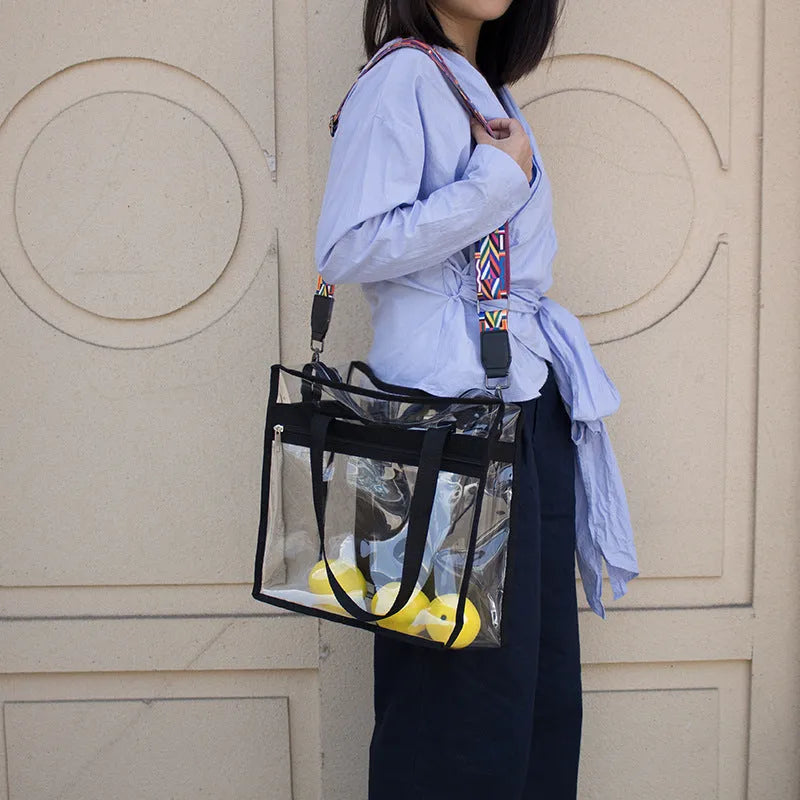 Transparent PVC women's crossbody messenger bag with three-dimensional pocket and adjustable shoulder straps