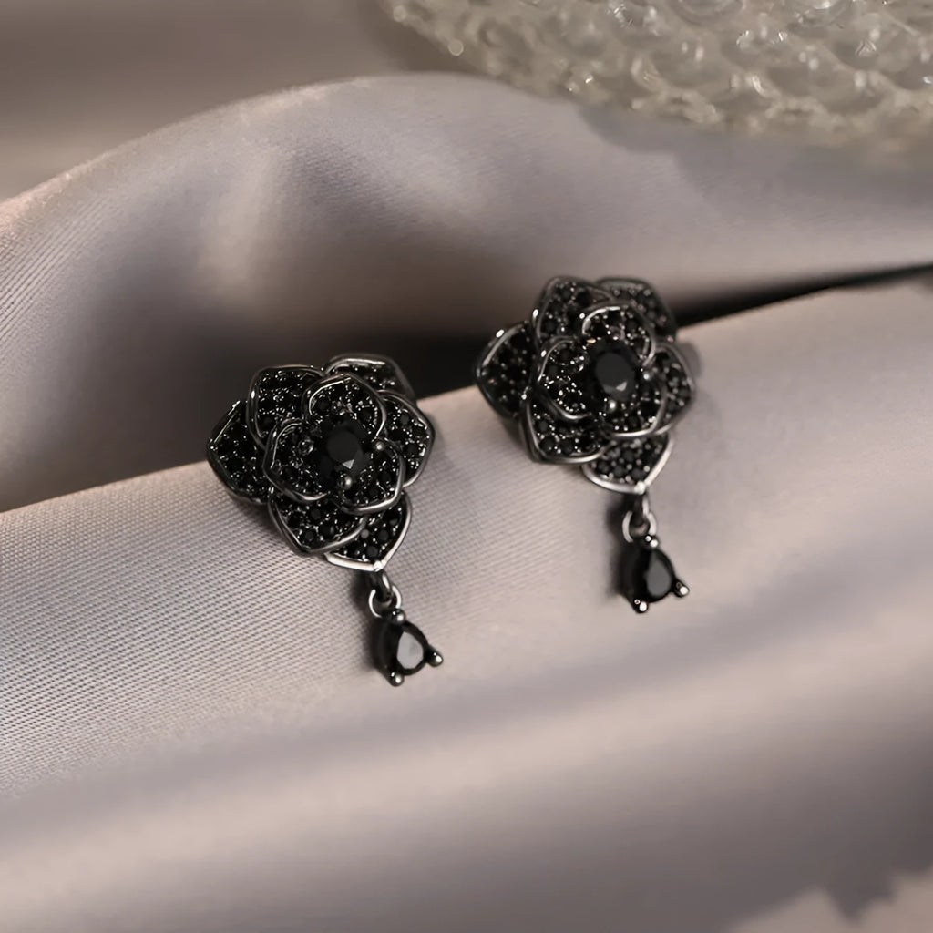18K black rose zircon flower stud earrings for women, copper electroplated with cubic zirconia