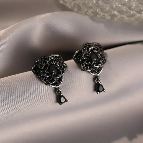 18K black rose zircon flower stud earrings for women, copper electroplated with cubic zirconia