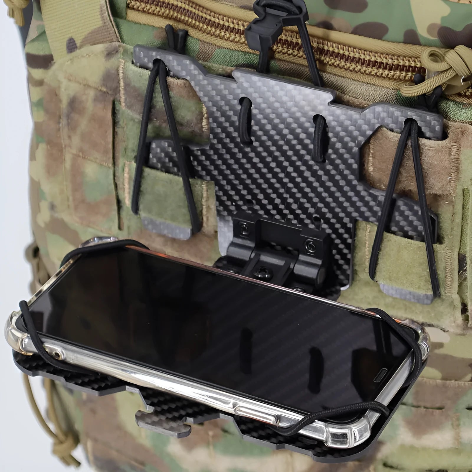 Carbon fibre folding navigation board mounted on MOLLE tactical vest, black open version