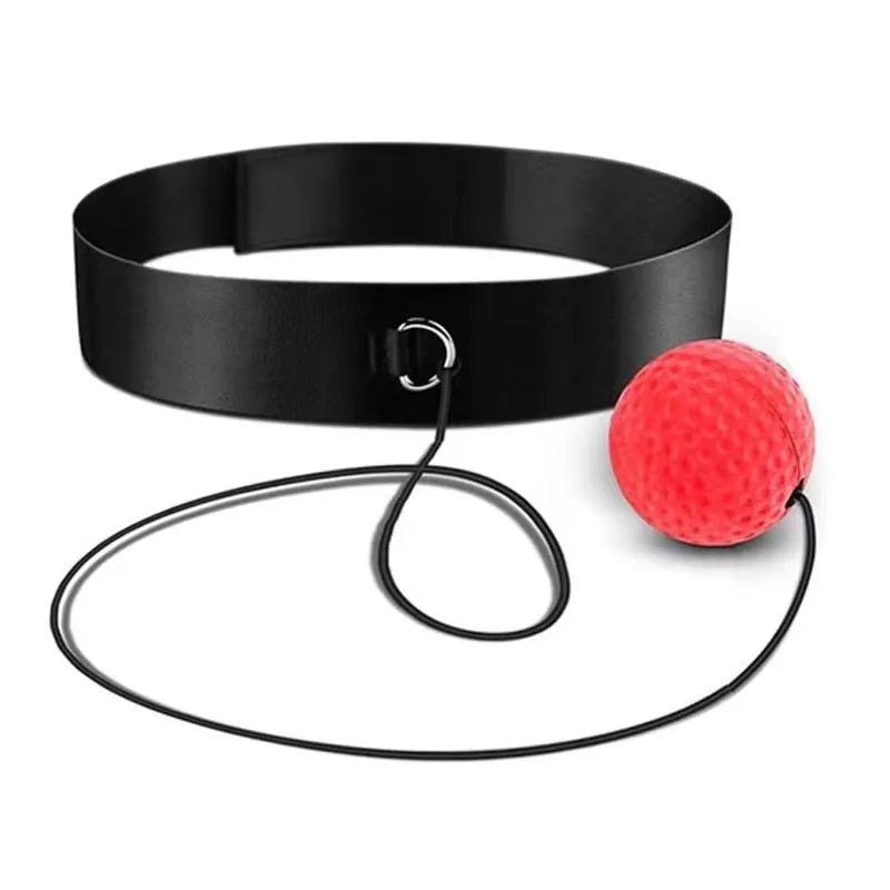 Head-mounted boxing reaction training ball set with adjustable headbands and multiple coloured balls including red PU, black PU, and fluorescent green.