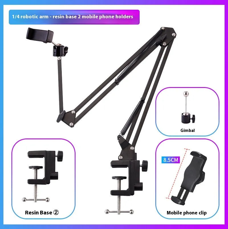 Black foldable metal desktop cantilever bracket with tablet clip extended in adjustable position