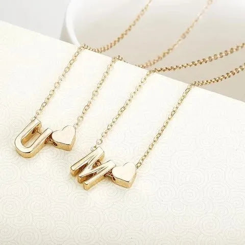 Peach heart shaped letter necklace pendant in gold or silver alloy finish