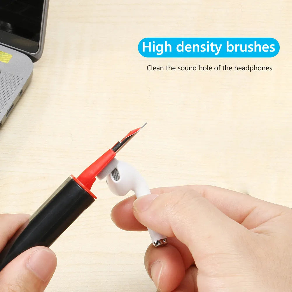Cleaning pen for AirPods and Bluetooth earbuds with four heads including brush and sponge, in black and red colour