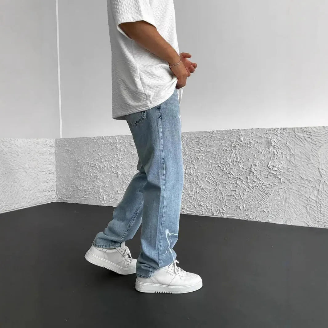 Men's blue straight-leg loose wide leg cotton denim trousers mid waist zip fly for teenagers