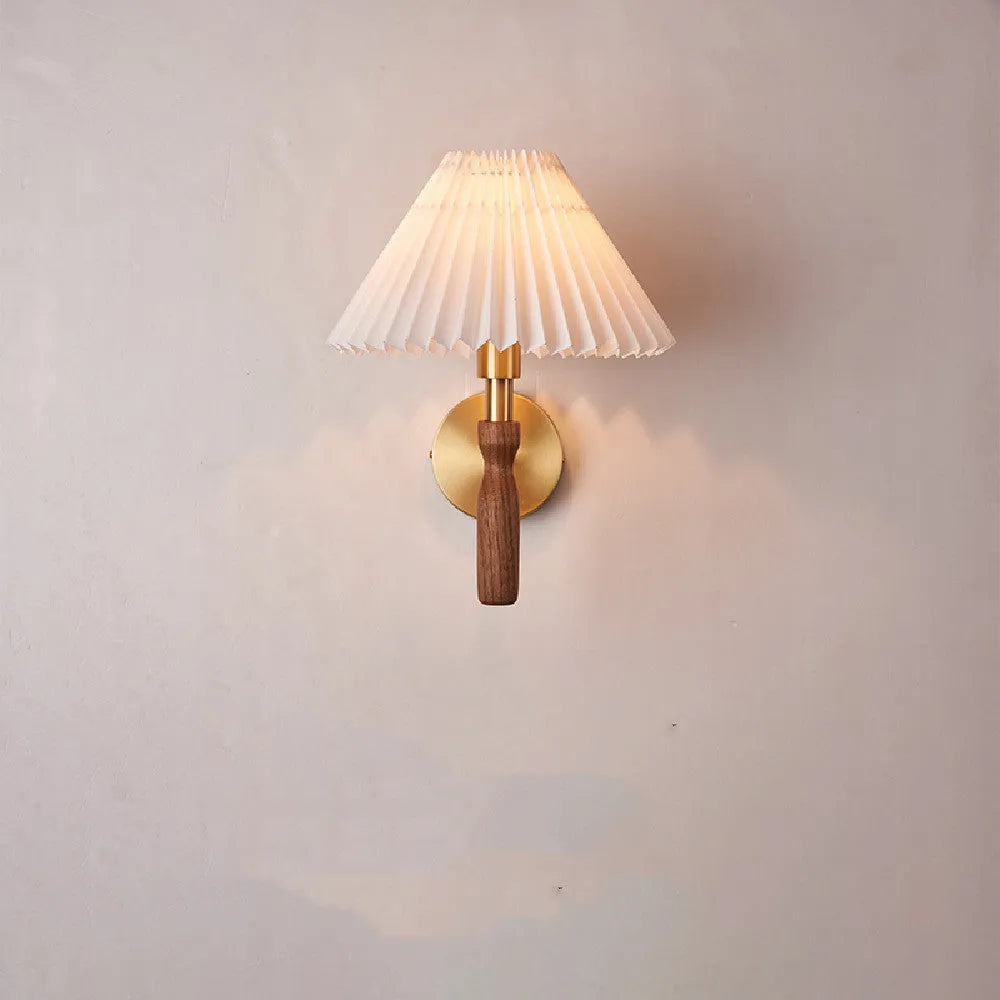 American retro wall lamp with walnut wood finish and fabric lampshade in tri-colour lighting option