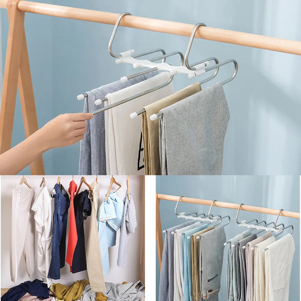 5 in 1 stainless steel pants hanger with five detachable booms and hooks on each rod end, black, 47x18cm