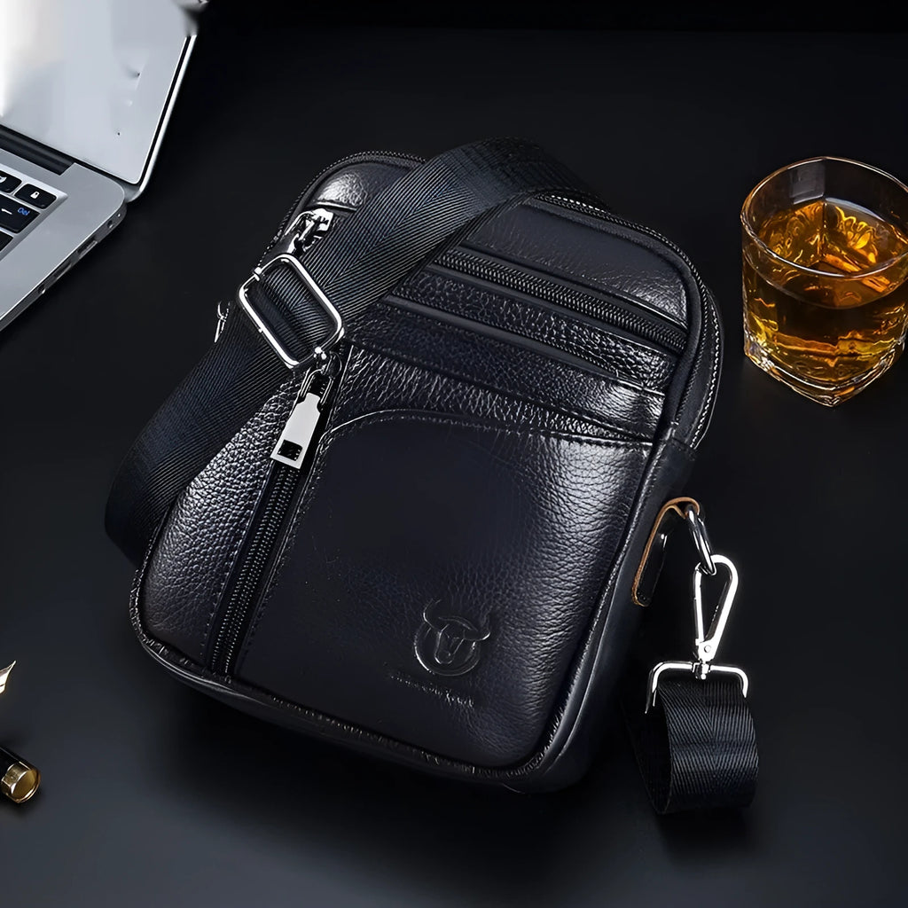 Men's genuine leather shoulder messenger bag solid black colour retro style