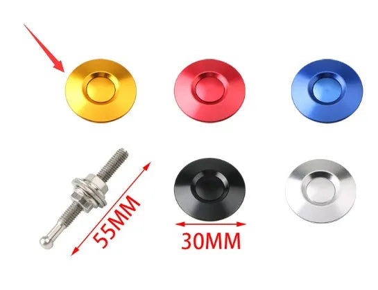 30mm diameter aluminium car engine cover lock with a button head, shown with a 55mm screw, in red finish.