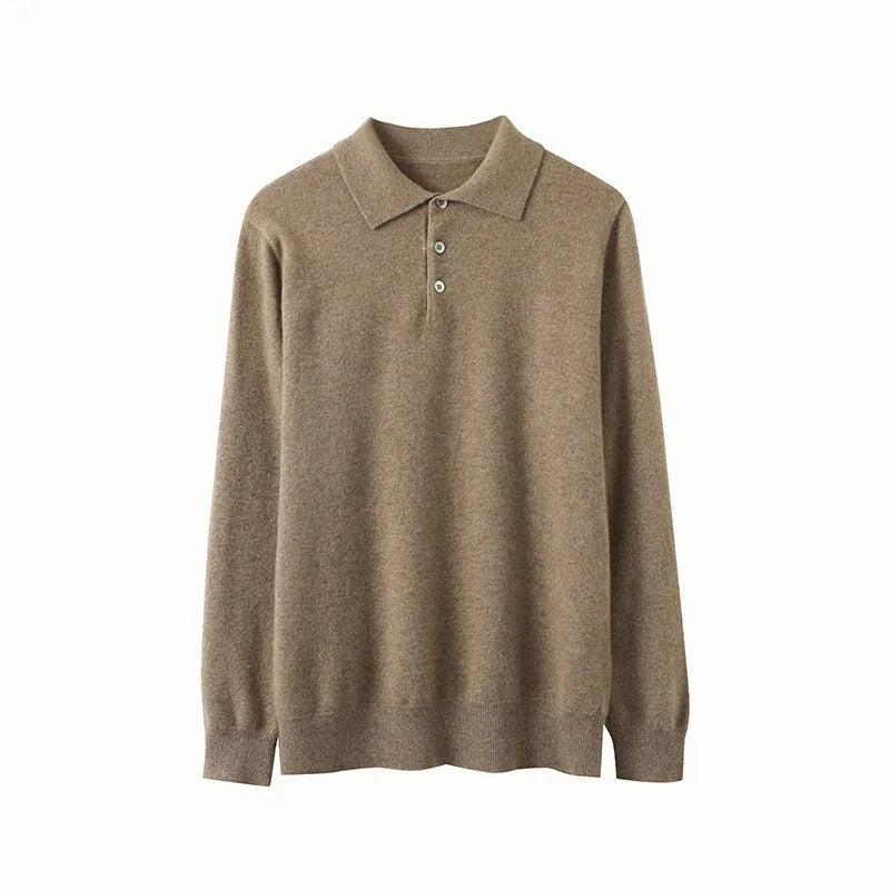 Pure cashmere men's polo collar pullover sweater in loose fit style