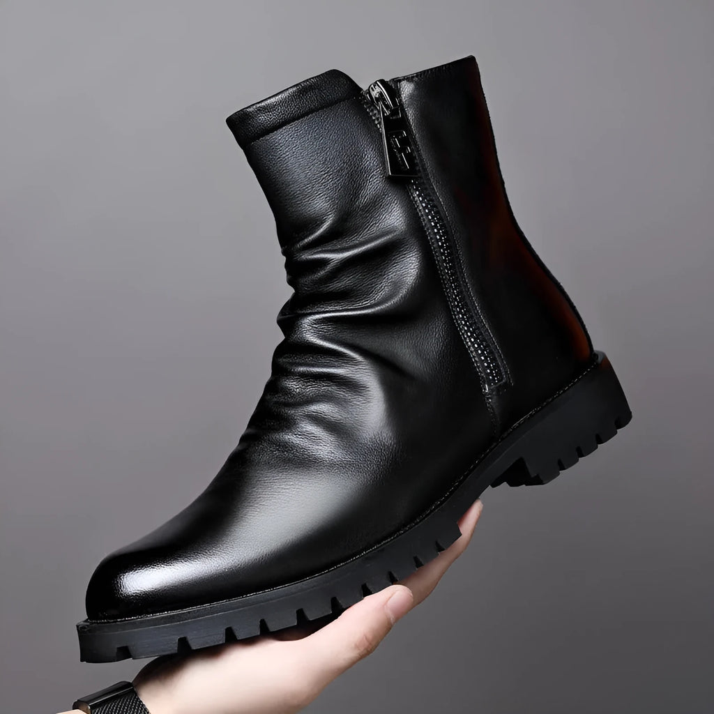 Men's high-top zipper Martin leather boots in black patent leather, side view showing side zipper and low wedge heel