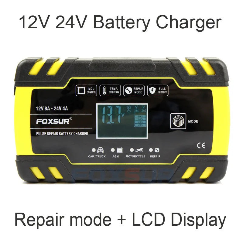 12V 24V dual output battery charger with digital screen display for car motorcycle truck