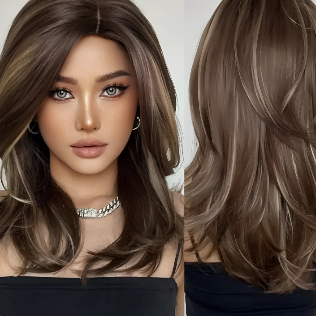 Mid-length curly synthetic wig with gradient colour and long bangs