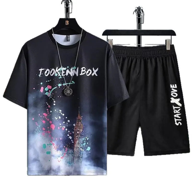 Men's polyester shorts suit summer set with short sleeves and matching shorts in light fabric