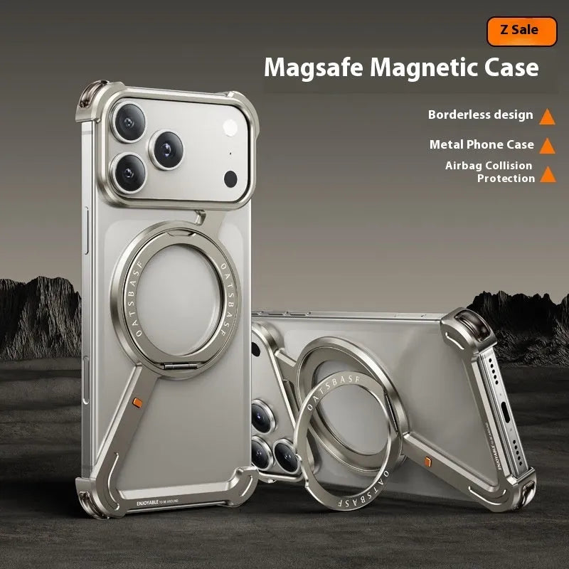 Black electroplated metal phone case for iPhone 17 Pro Max showing a hidden magnetic bracket.