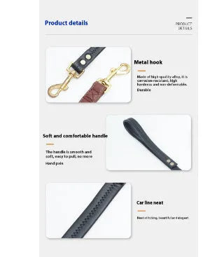 Black and maroon PU leather pet leads showing 1.5m, 2.0m, and 2.5m length options